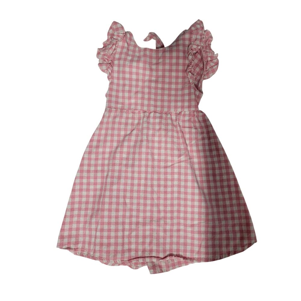 Girls Gingham Pink Open Back Ruffle Sleeve Dress Size 6